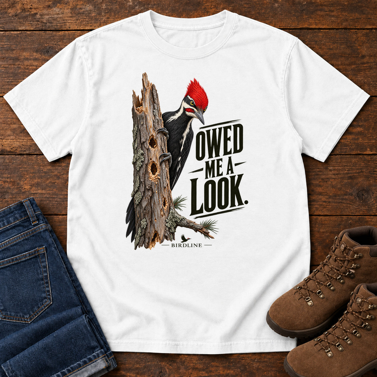 Owed Me a Look Pileated Woodpecker T-Shirt in White