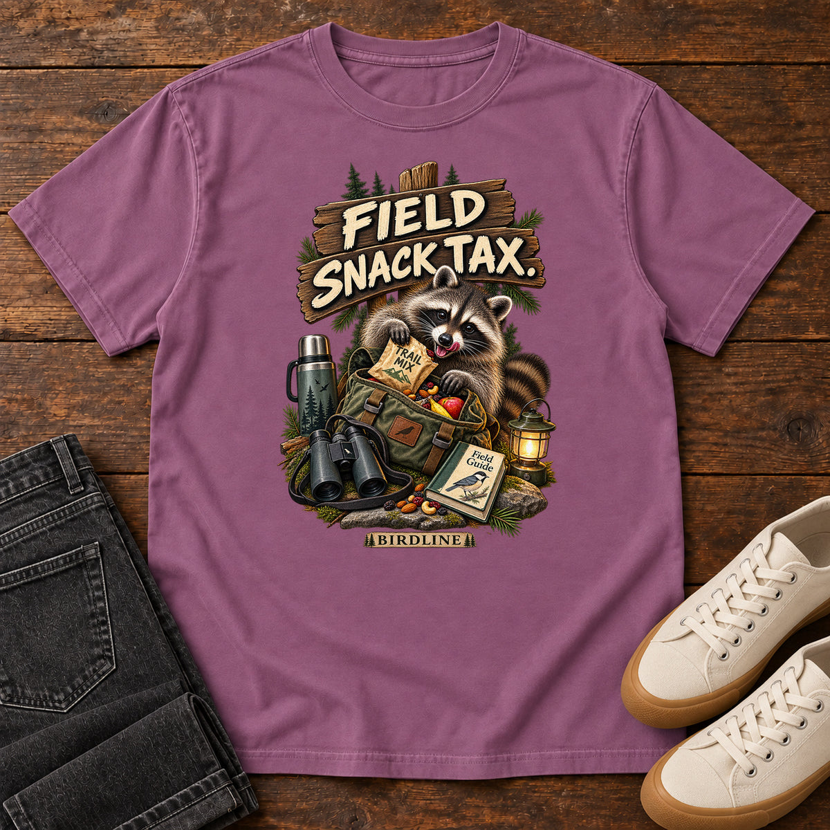 Field Snack Tax Raccoon T-Shirt in Berry