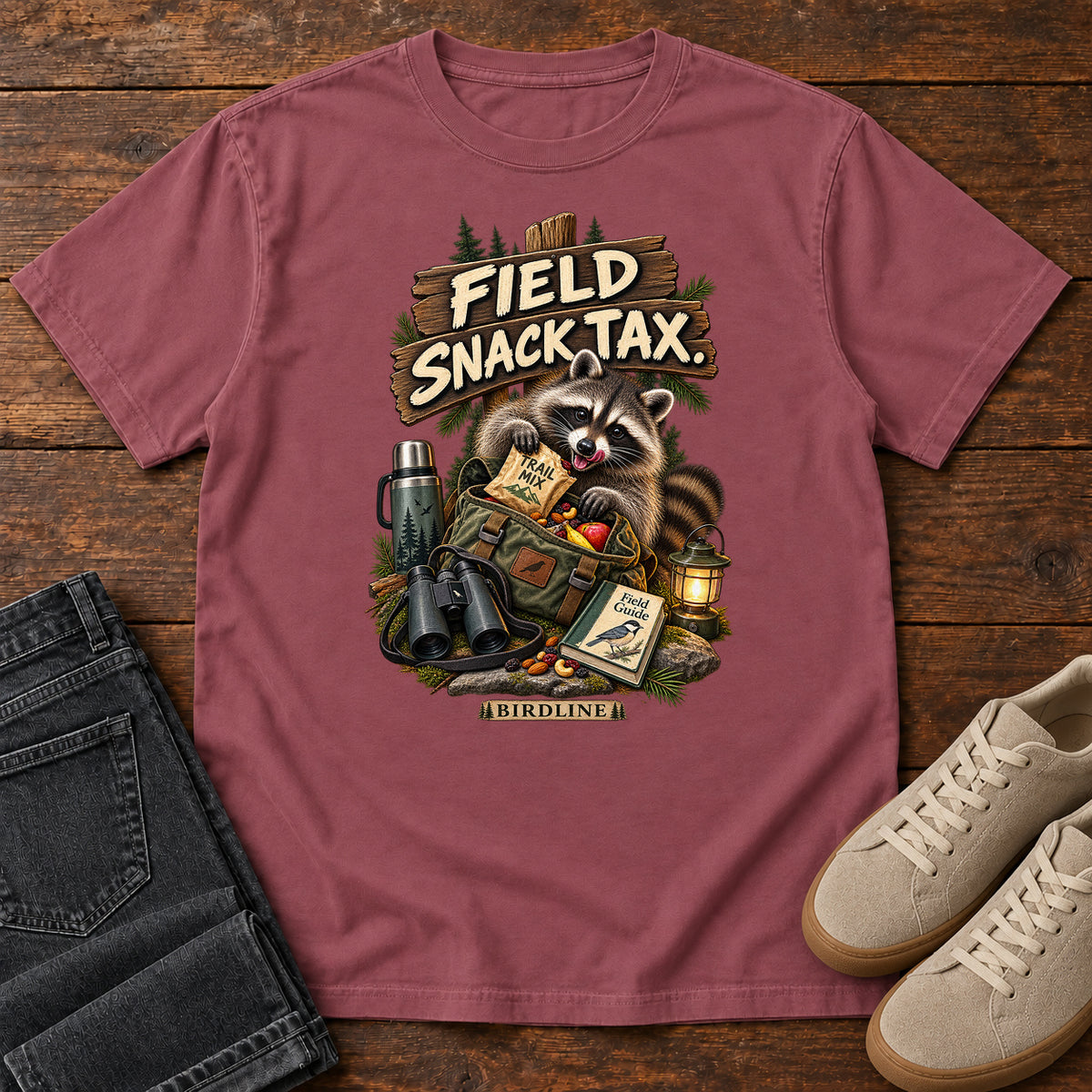 Field Snack Tax Raccoon T-Shirt in Brick