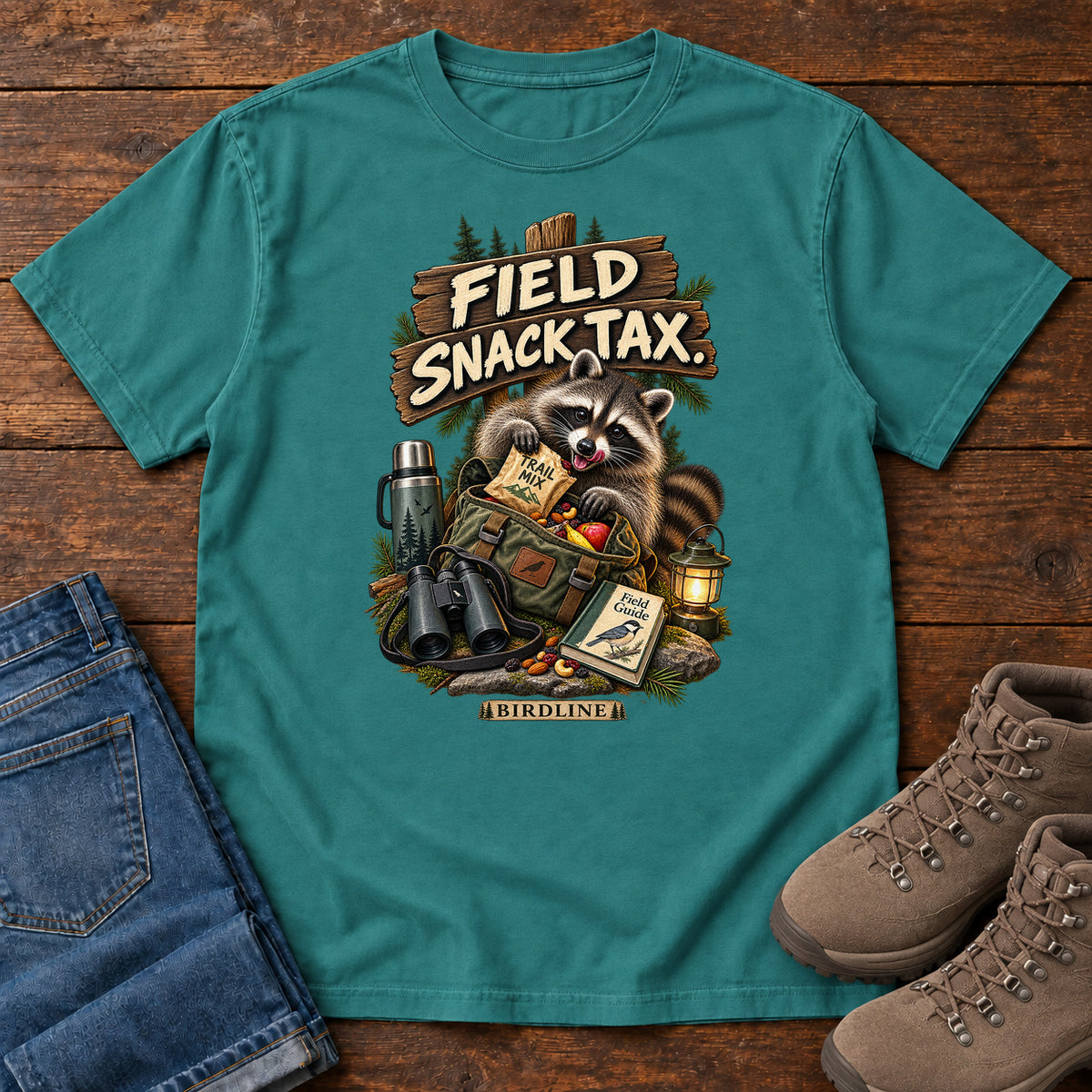 Field Snack Tax Raccoon T-Shirt in Emerald