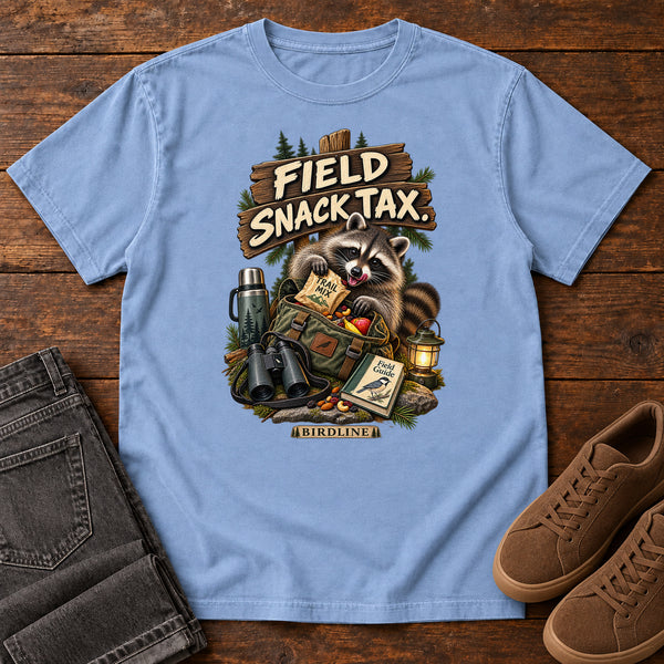 Field Snack Tax Raccoon T-Shirt in Washed Denim, front view