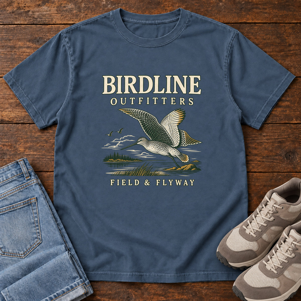 Field & Flyway T-Shirt in Midnight, front laid flat on wood, featuring a cream-and-gray bird flying over a marsh between BIRDLINE OUTFITTERS and FIELD & FLYWAY lettering.