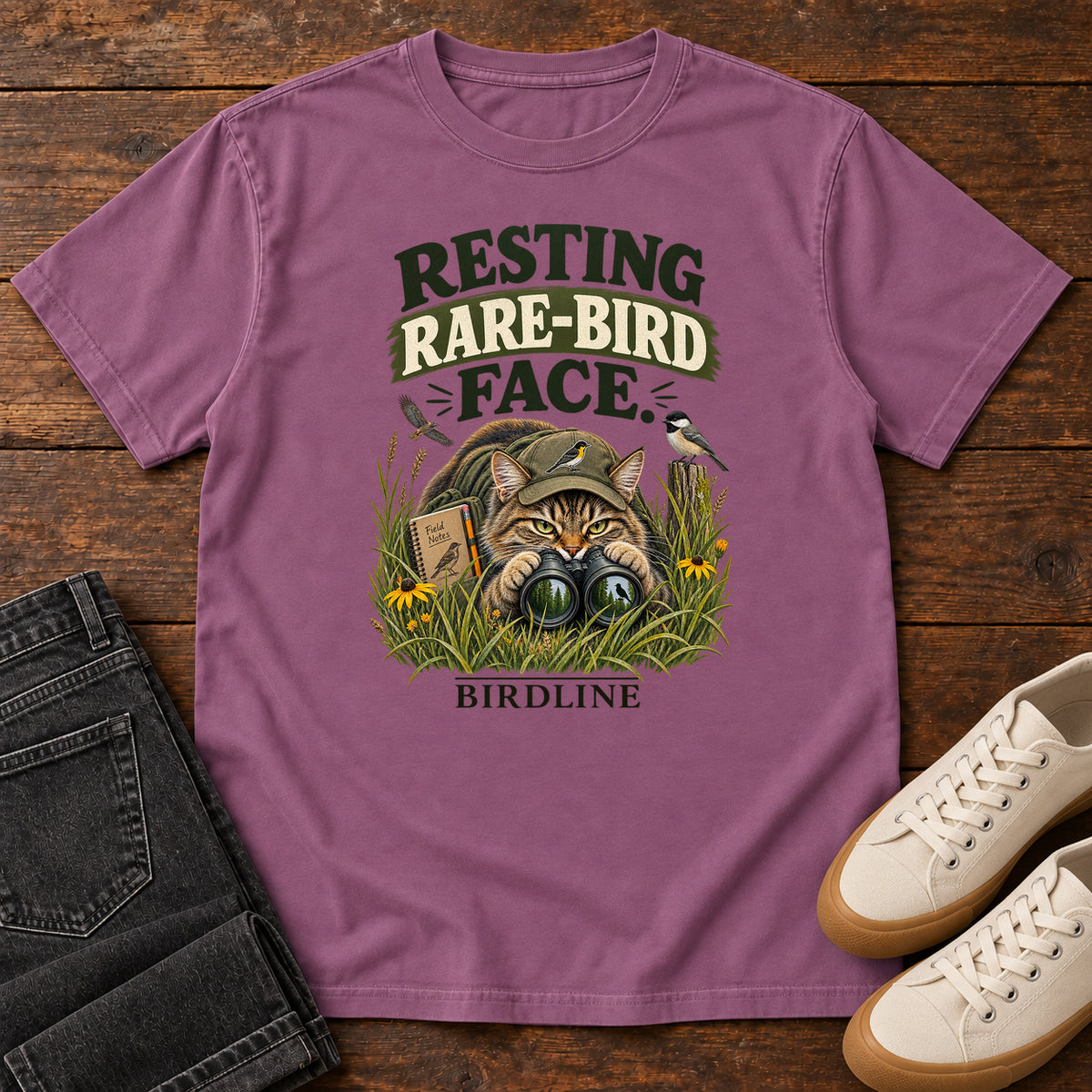 Resting Rare Bird Face Cat T-Shirt in Berry