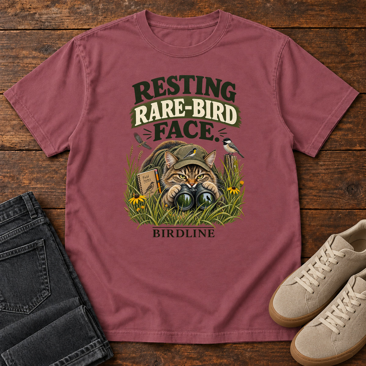 Resting Rare Bird Face Cat T-Shirt in Brick