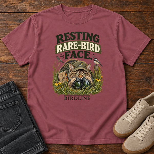 Resting Rare Bird Face Cat T-Shirt in Brick, front view
