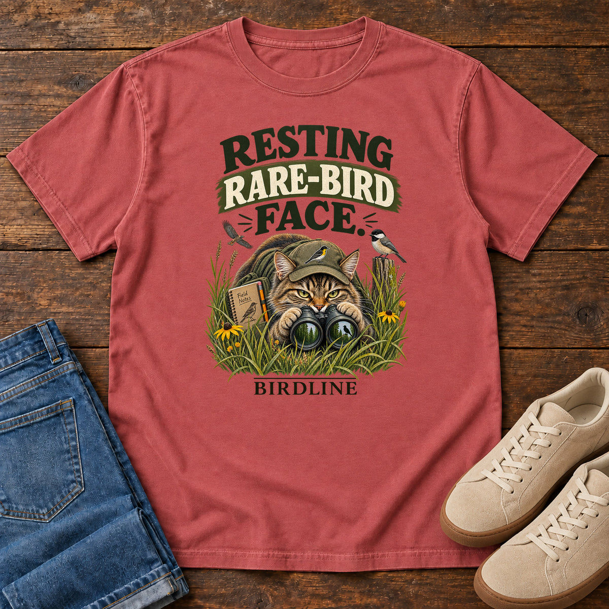 Resting Rare Bird Face Cat T-Shirt in Crimson