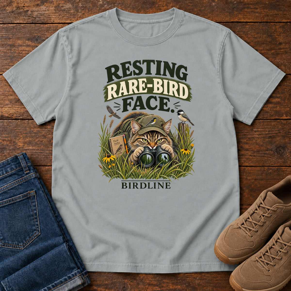 Resting Rare Bird Face Cat T-Shirt in Granite