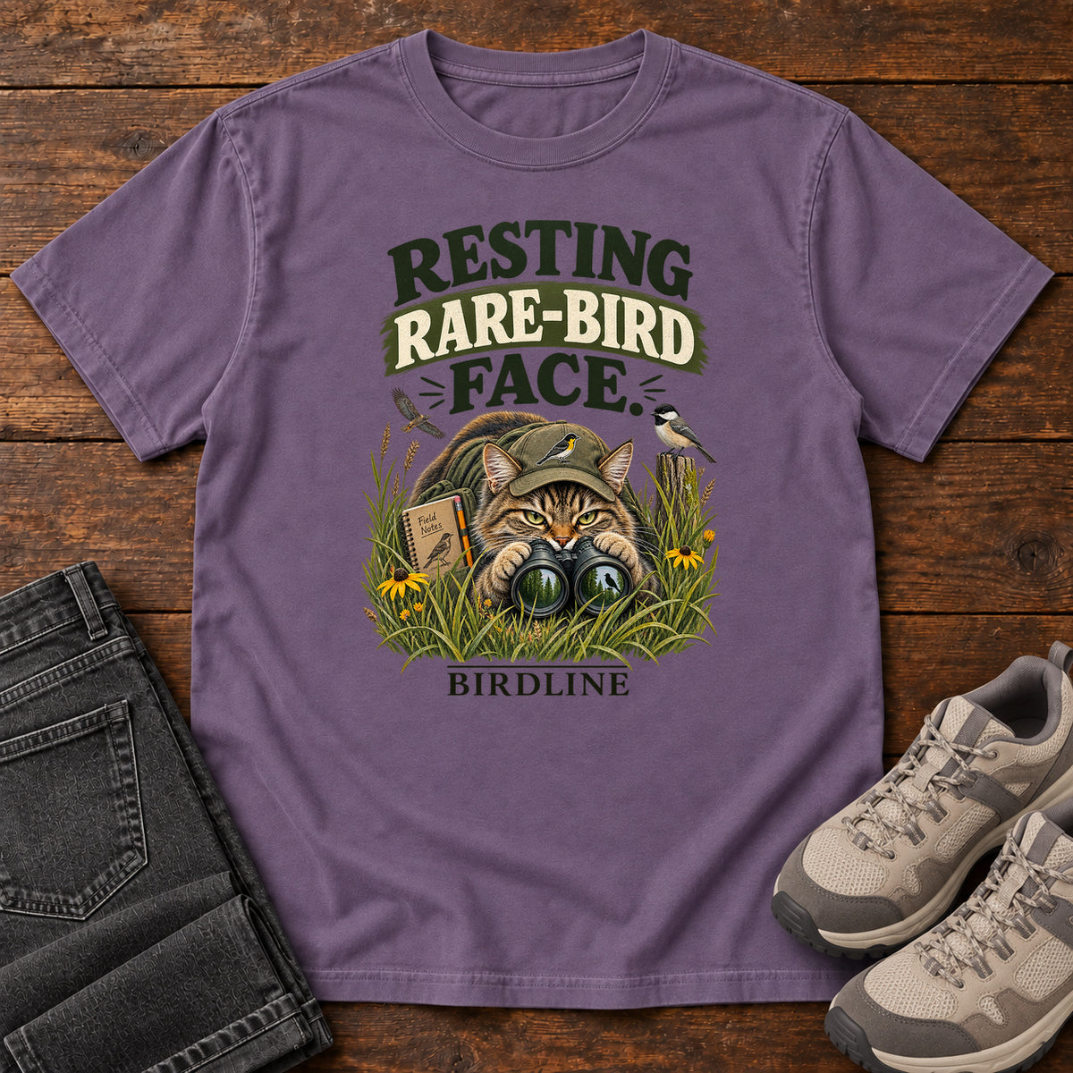 Resting Rare Bird Face Cat T-Shirt in Grape