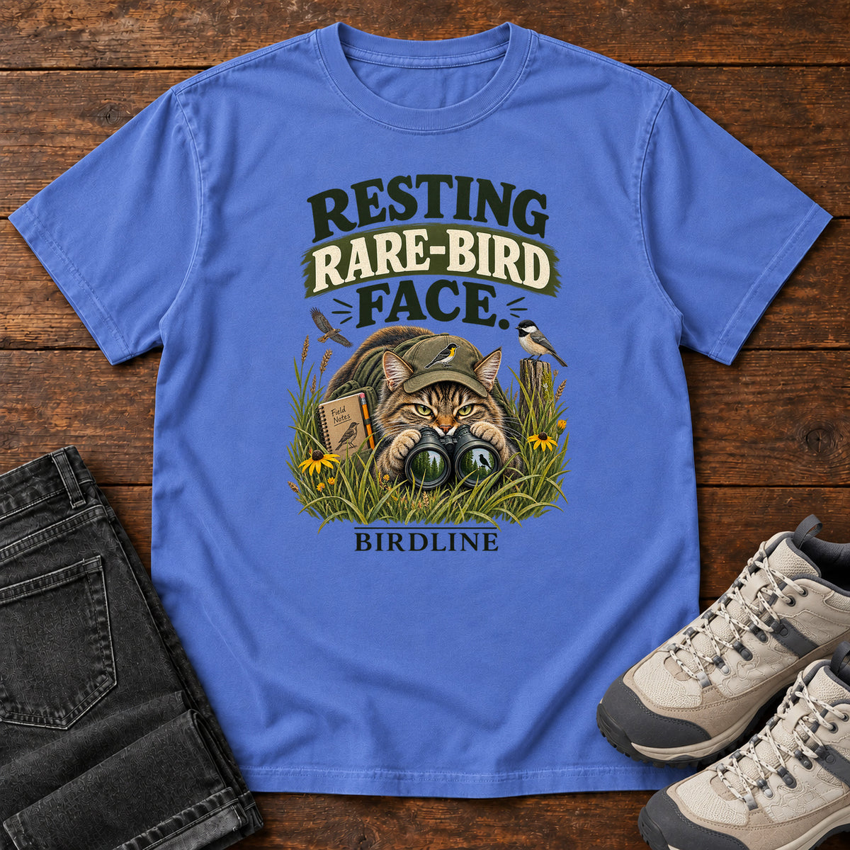 Resting Rare Bird Face Cat T-Shirt in Mystic Blue