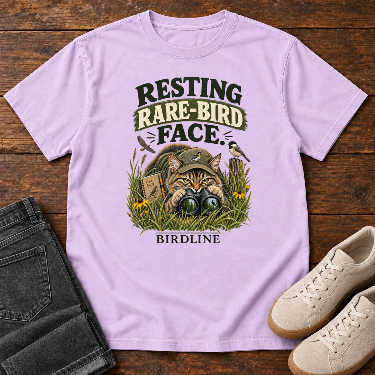 Resting Rare Bird Face Cat T-Shirt in Orchid