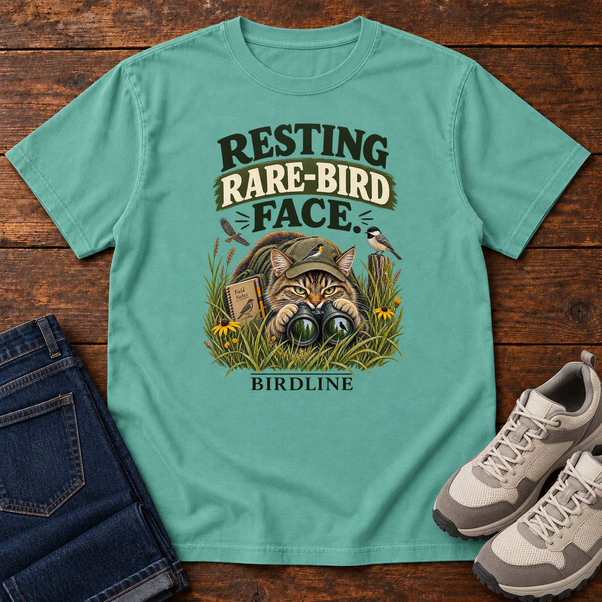 Resting Rare Bird Face Cat T-Shirt in Seafoam