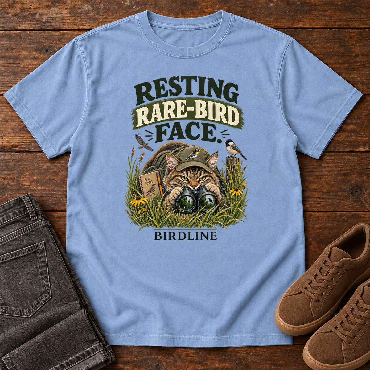 Resting Rare Bird Face Cat T-Shirt in Washed Denim
