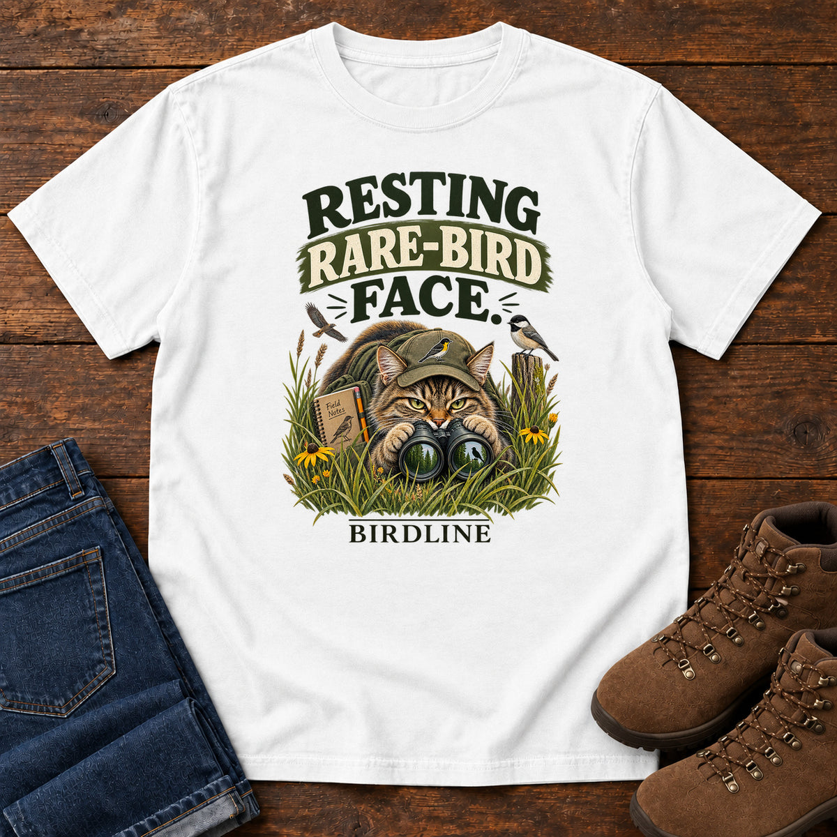 Resting Rare Bird Face Cat T-Shirt in White