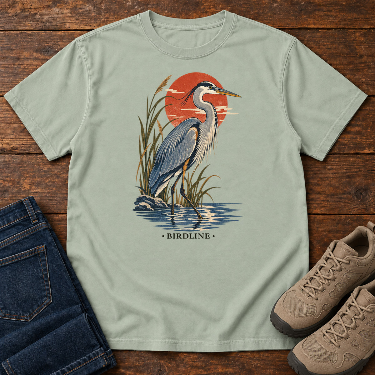 Great Blue Heron Sunset T-Shirt in Bay
