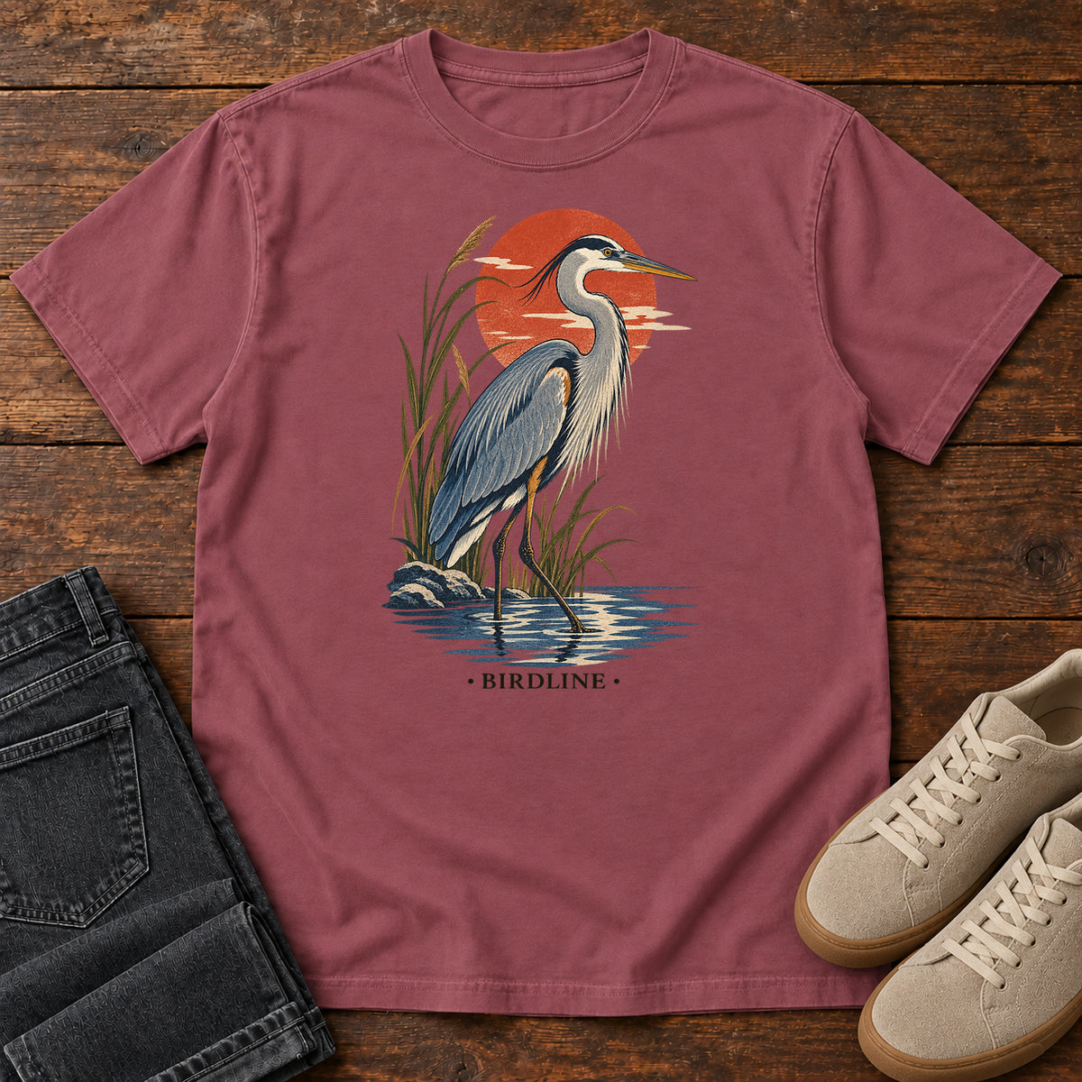 Great Blue Heron Sunset T-Shirt in Brick