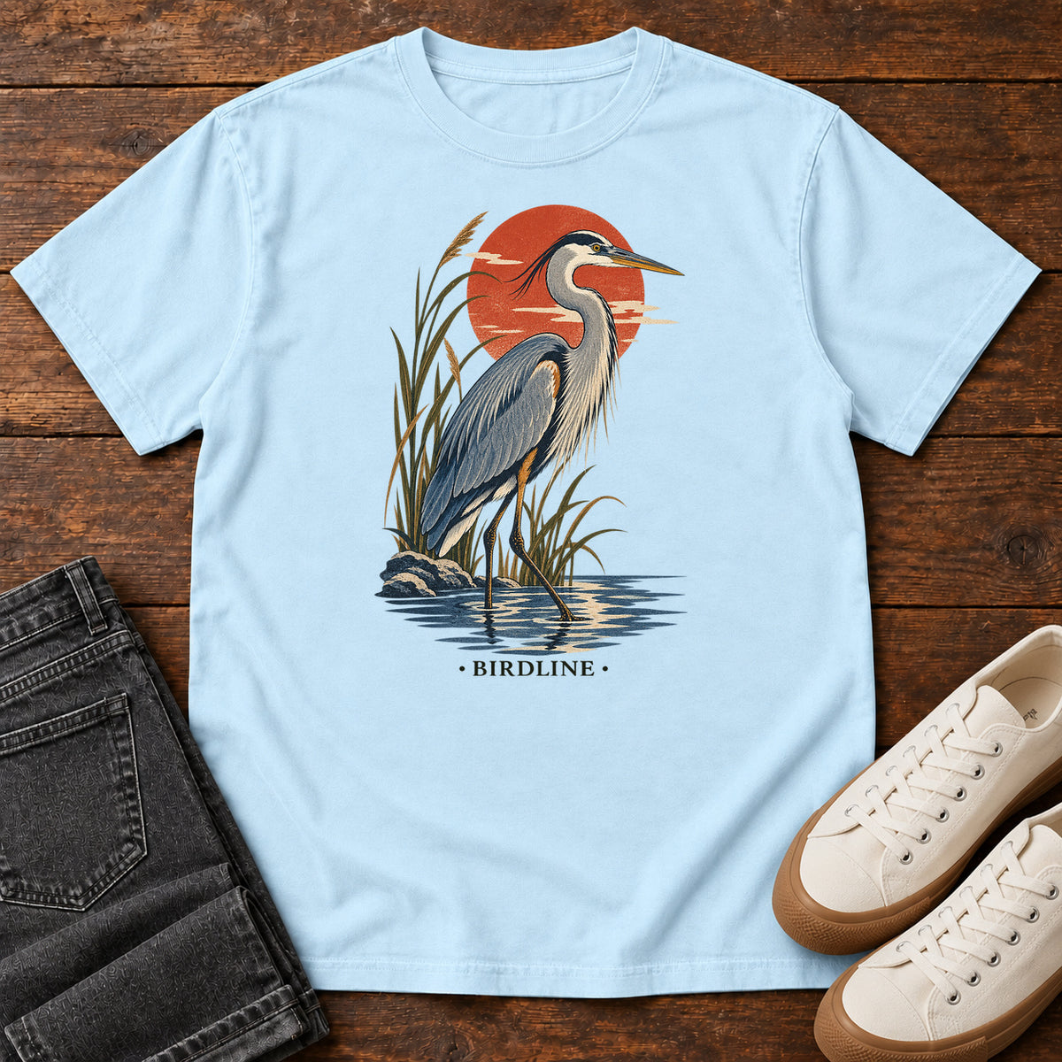 Great Blue Heron Sunset T-Shirt in Chambray