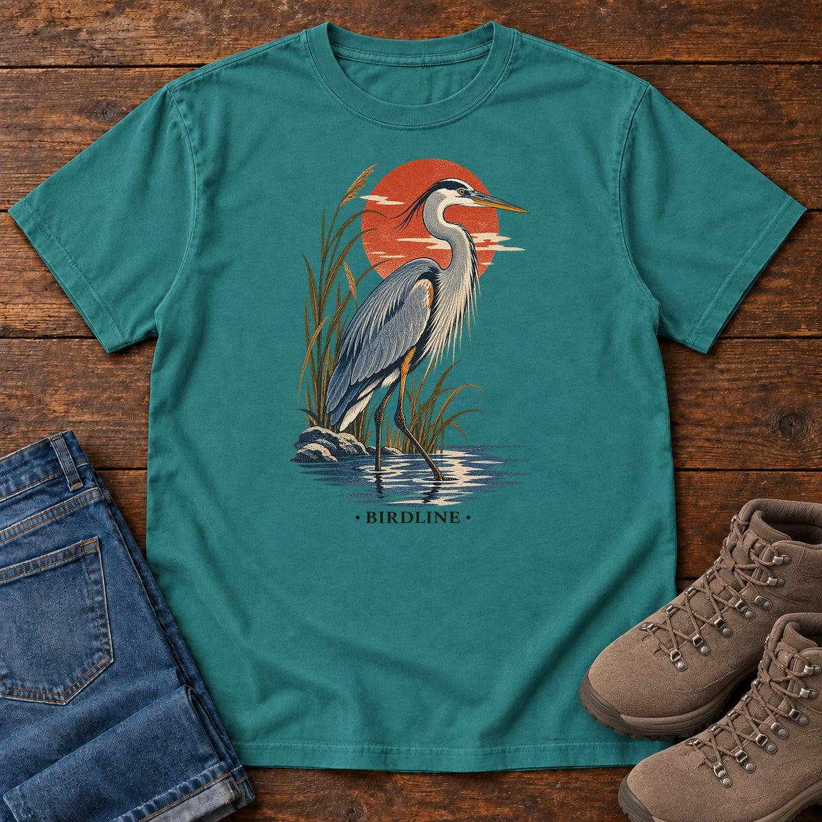 Great Blue Heron Sunset T-Shirt in Emerald
