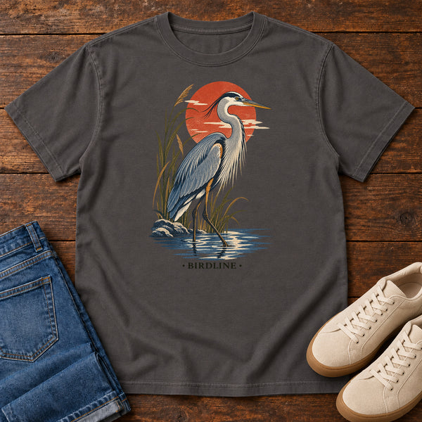 Great Blue Heron Sunset T-Shirt in Graphite, front view