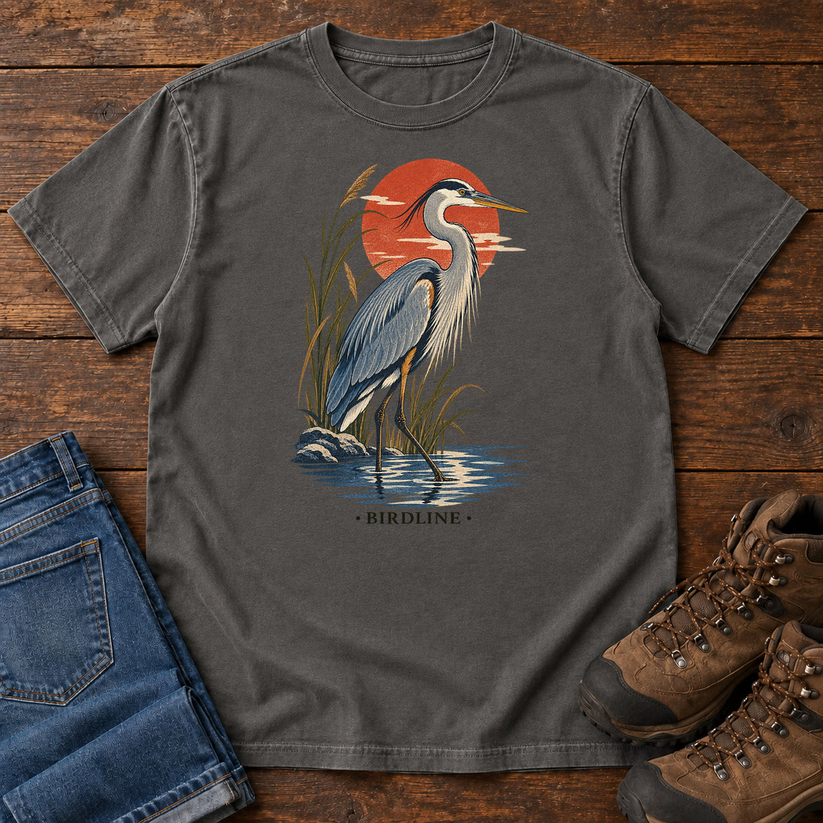 Great Blue Heron Sunset T-Shirt in Pepper