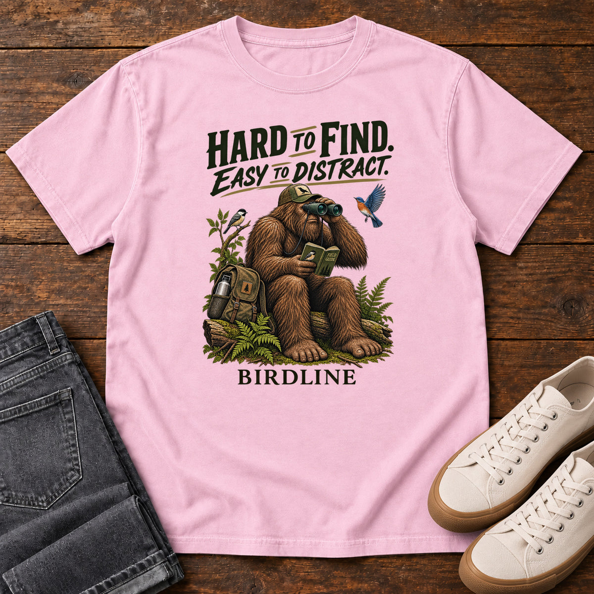 Hard to Find Easy to Distract Bigfoot T-Shirt in Blossom