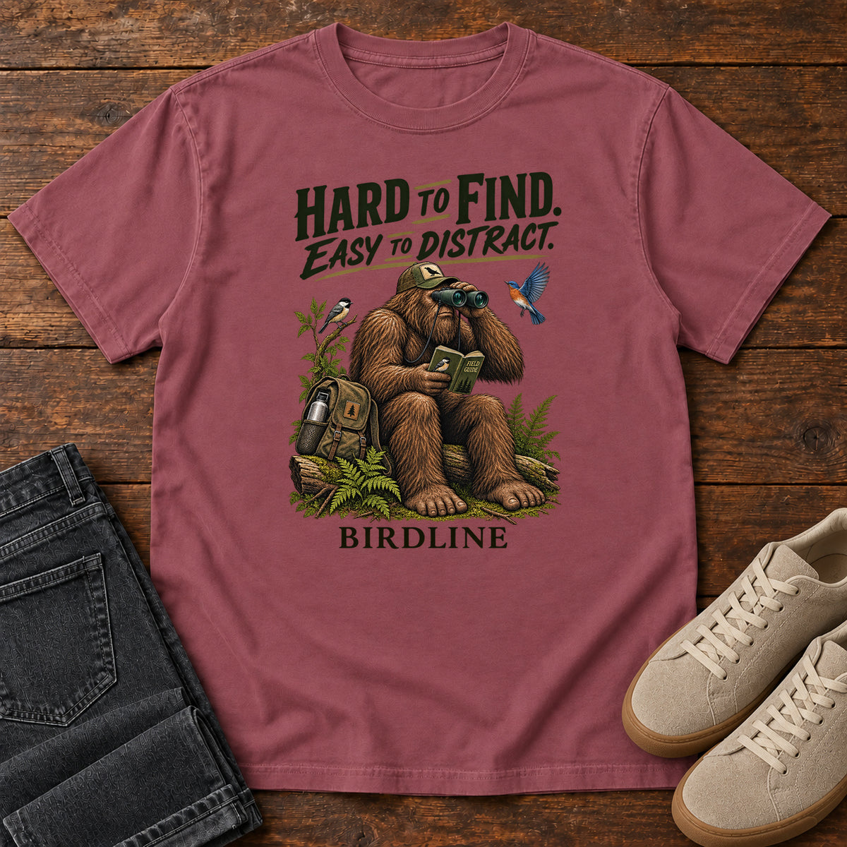 Hard to Find Easy to Distract Bigfoot T-Shirt in Brick