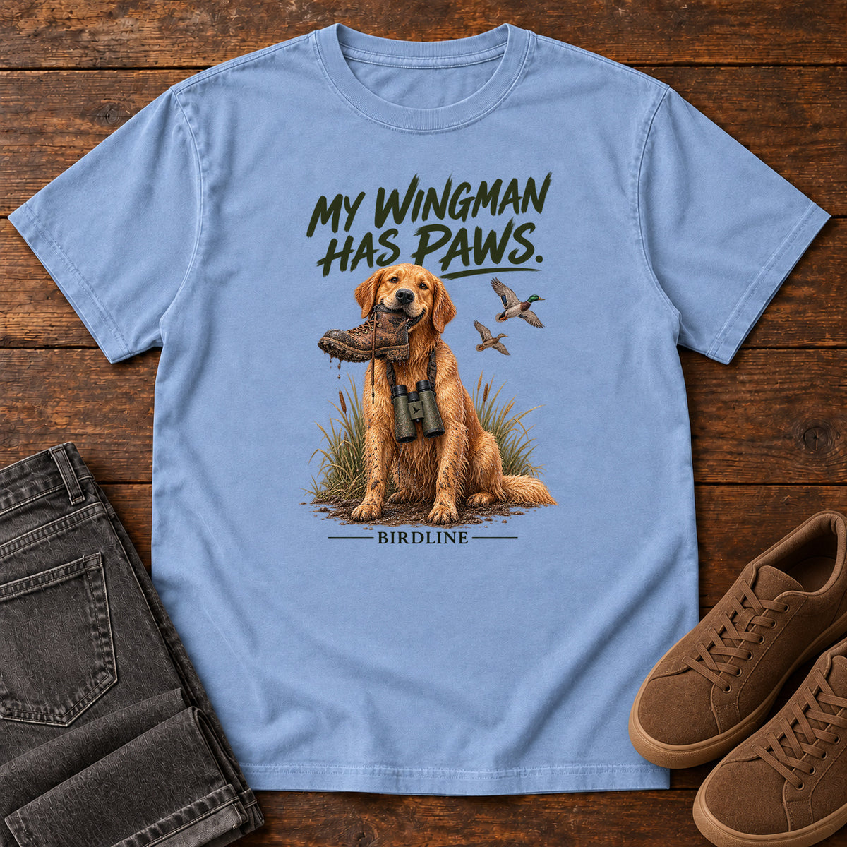 My Wingman Has Paws Dog T-Shirt in Washed Denim