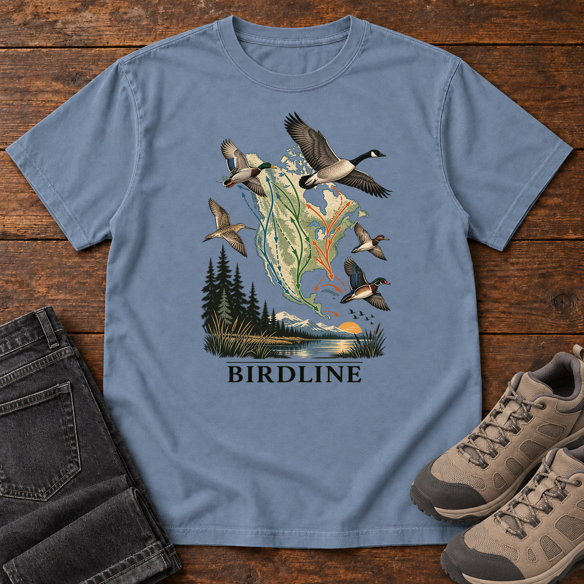 Bird Migration Map T-Shirt in Blue Jean