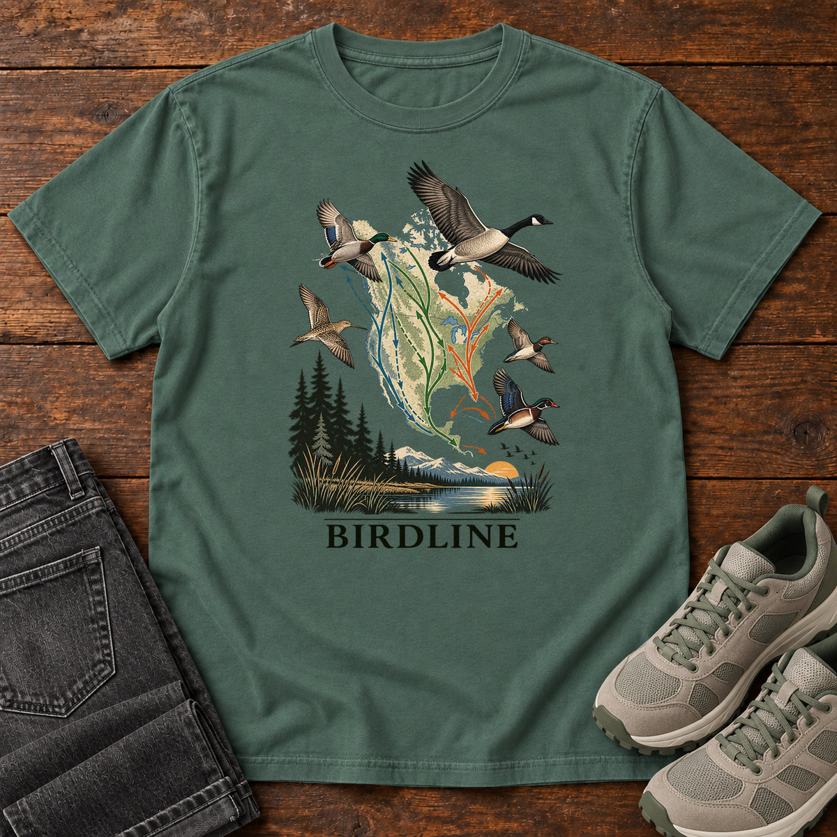 Bird Migration Map T-Shirt in Blue Spruce