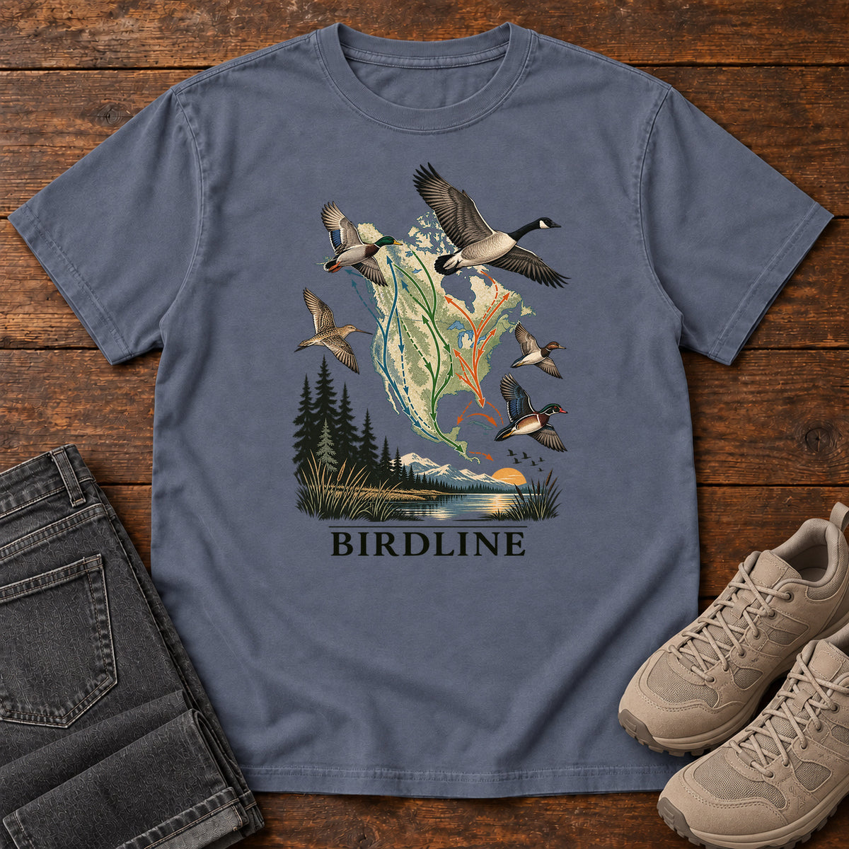 Bird Migration Map T-Shirt in Denim