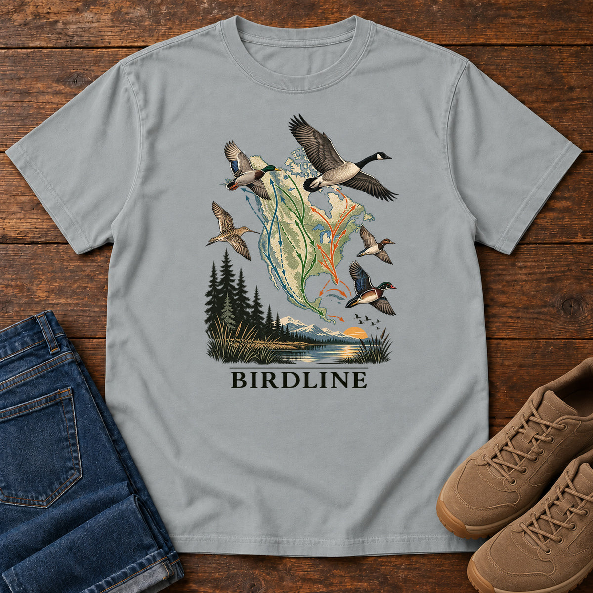 Bird Migration Map T-Shirt in Granite