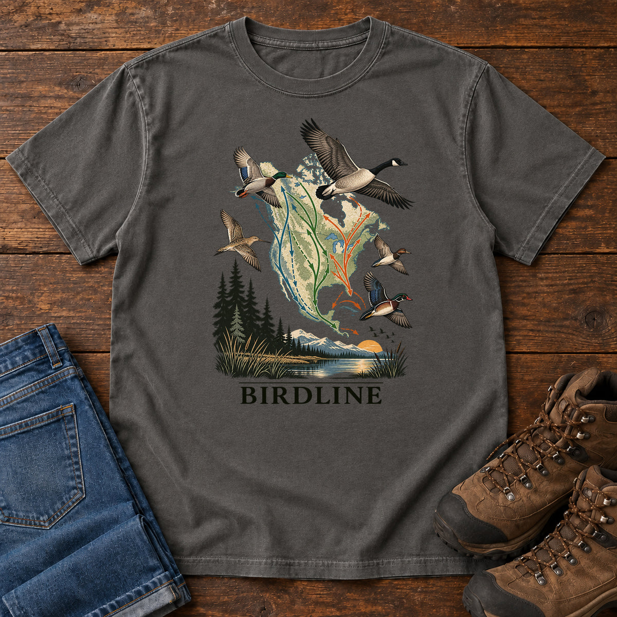 Bird Migration Map T-Shirt in Pepper