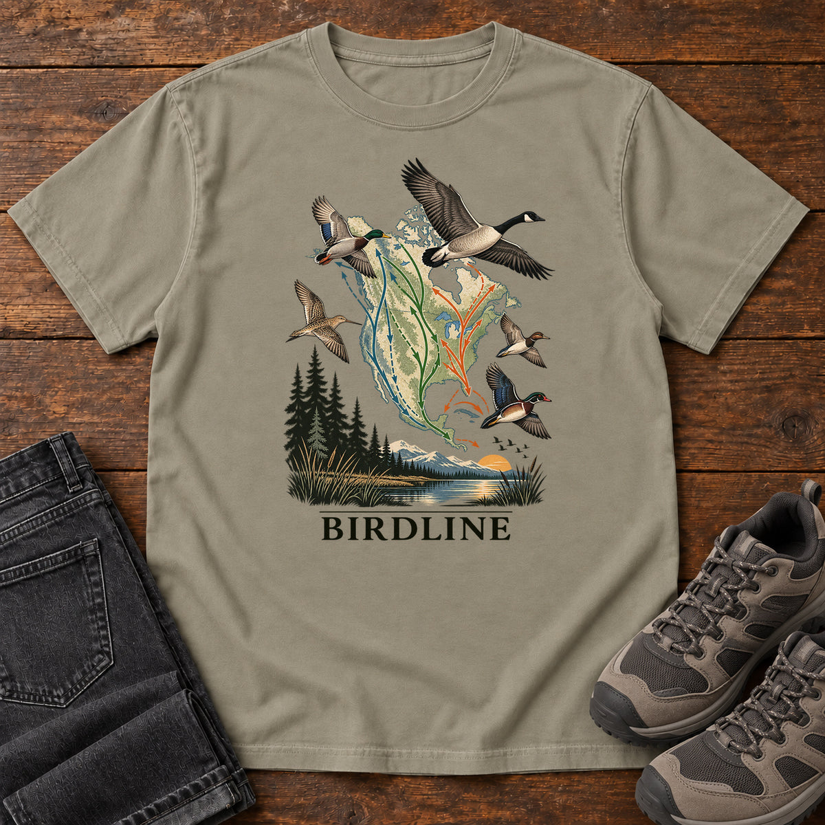 Bird Migration Map T-Shirt in Sandstone