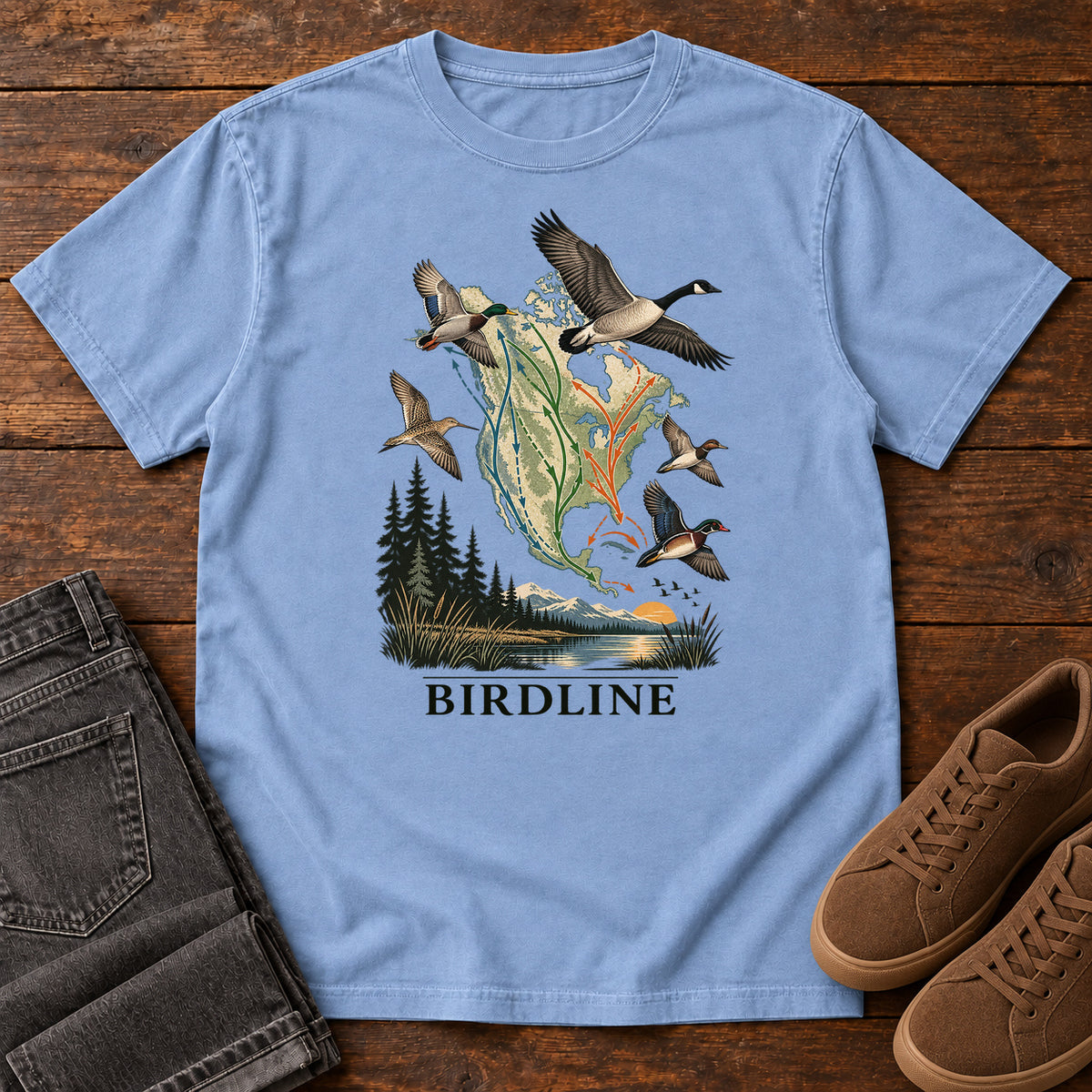 Bird Migration Map T-Shirt in Washed Denim
