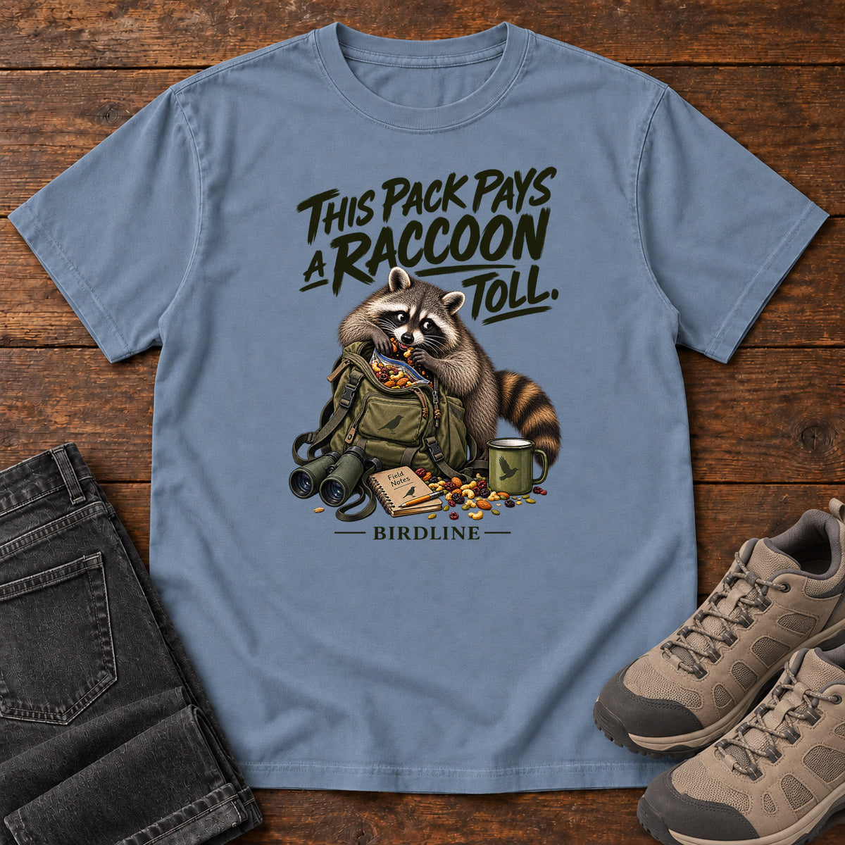 This Pack Pays a Raccoon Toll T-Shirt in Blue Jean
