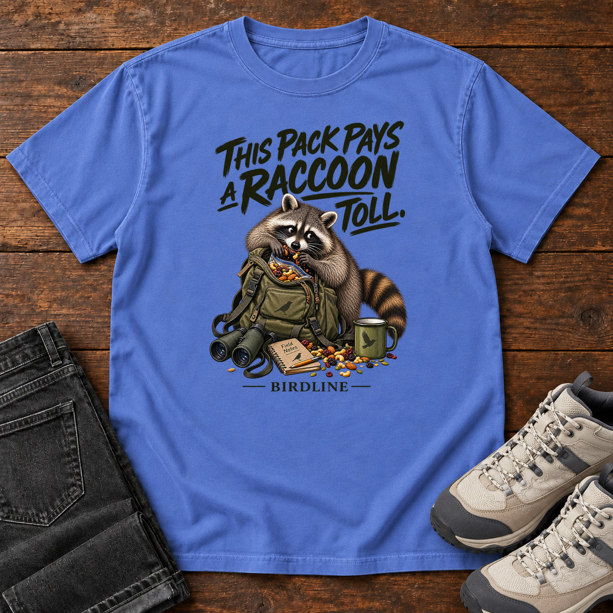 This Pack Pays a Raccoon Toll T-Shirt in Mystic Blue