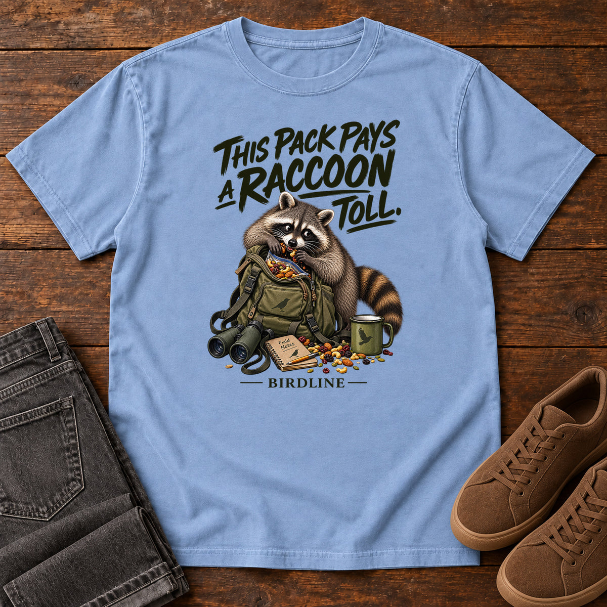 This Pack Pays a Raccoon Toll T-Shirt in Washed Denim