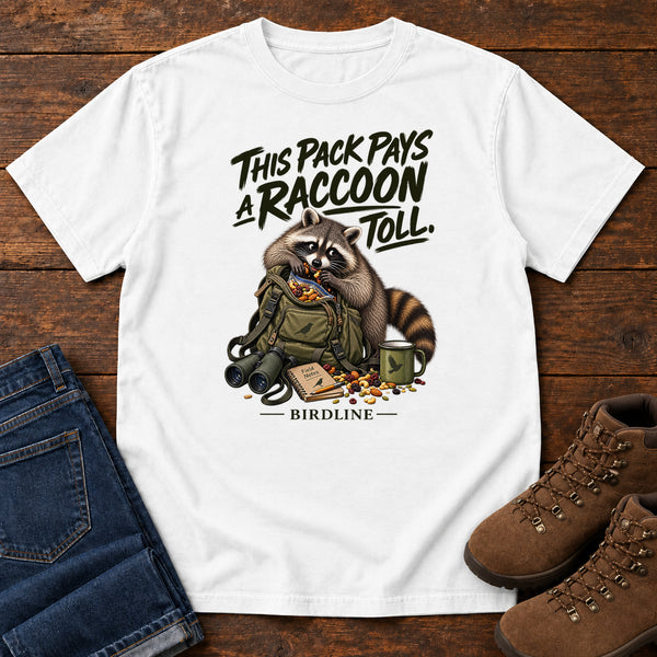 This Pack Pays a Raccoon Toll T-Shirt in White, front view
