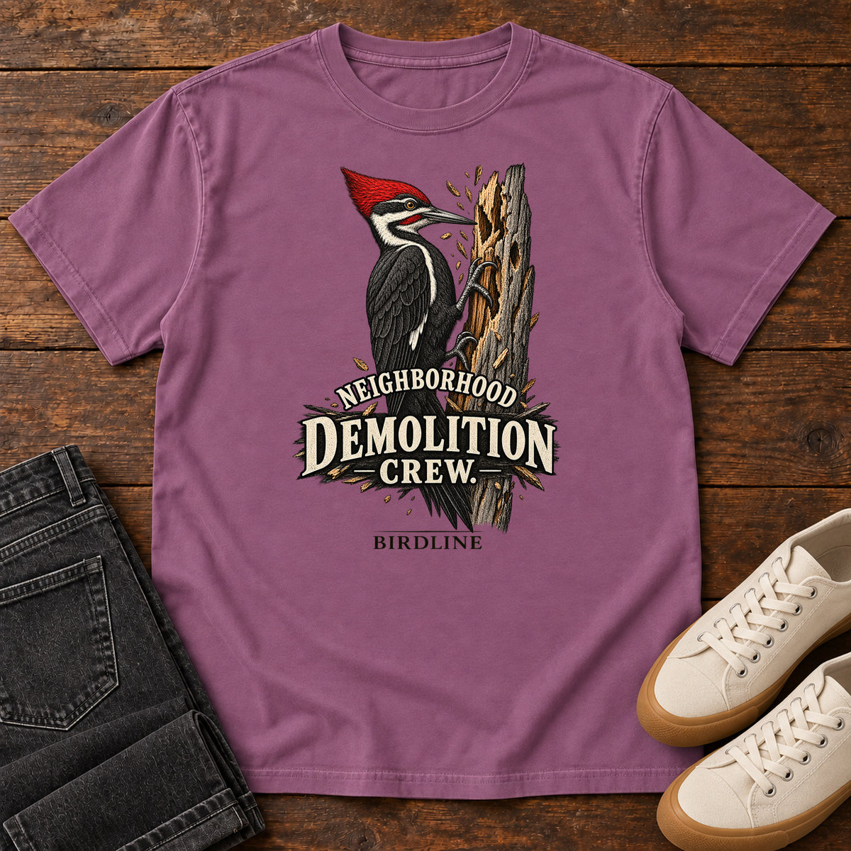 Neighborhood Demolition Crew Woodpecker T-Shirt in Berry