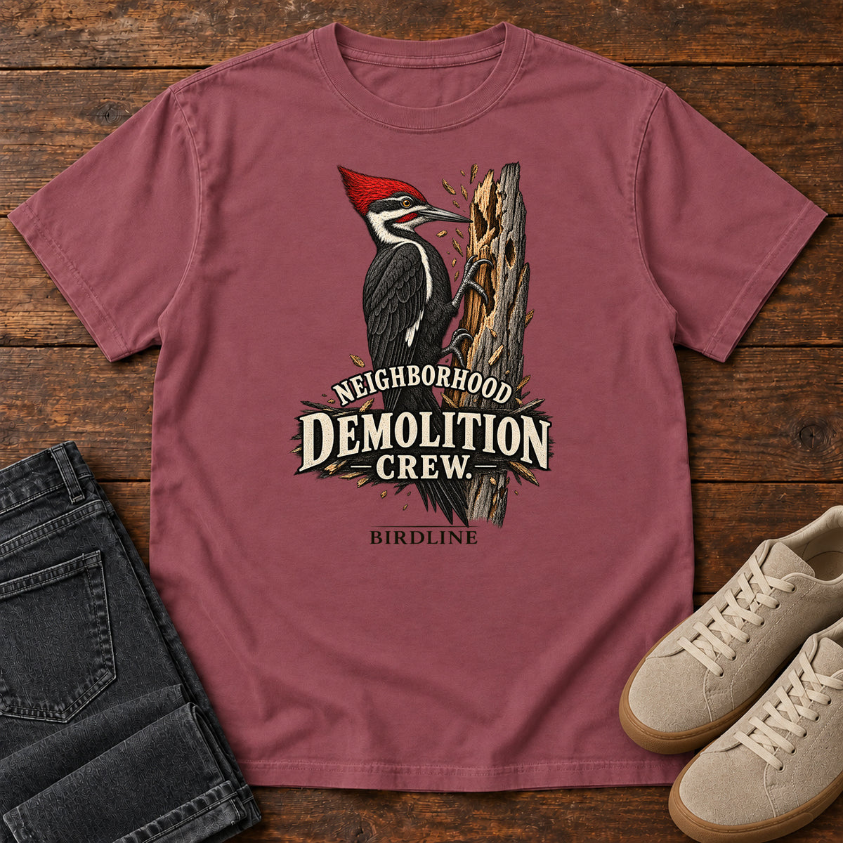 Neighborhood Demolition Crew Woodpecker T-Shirt in Brick