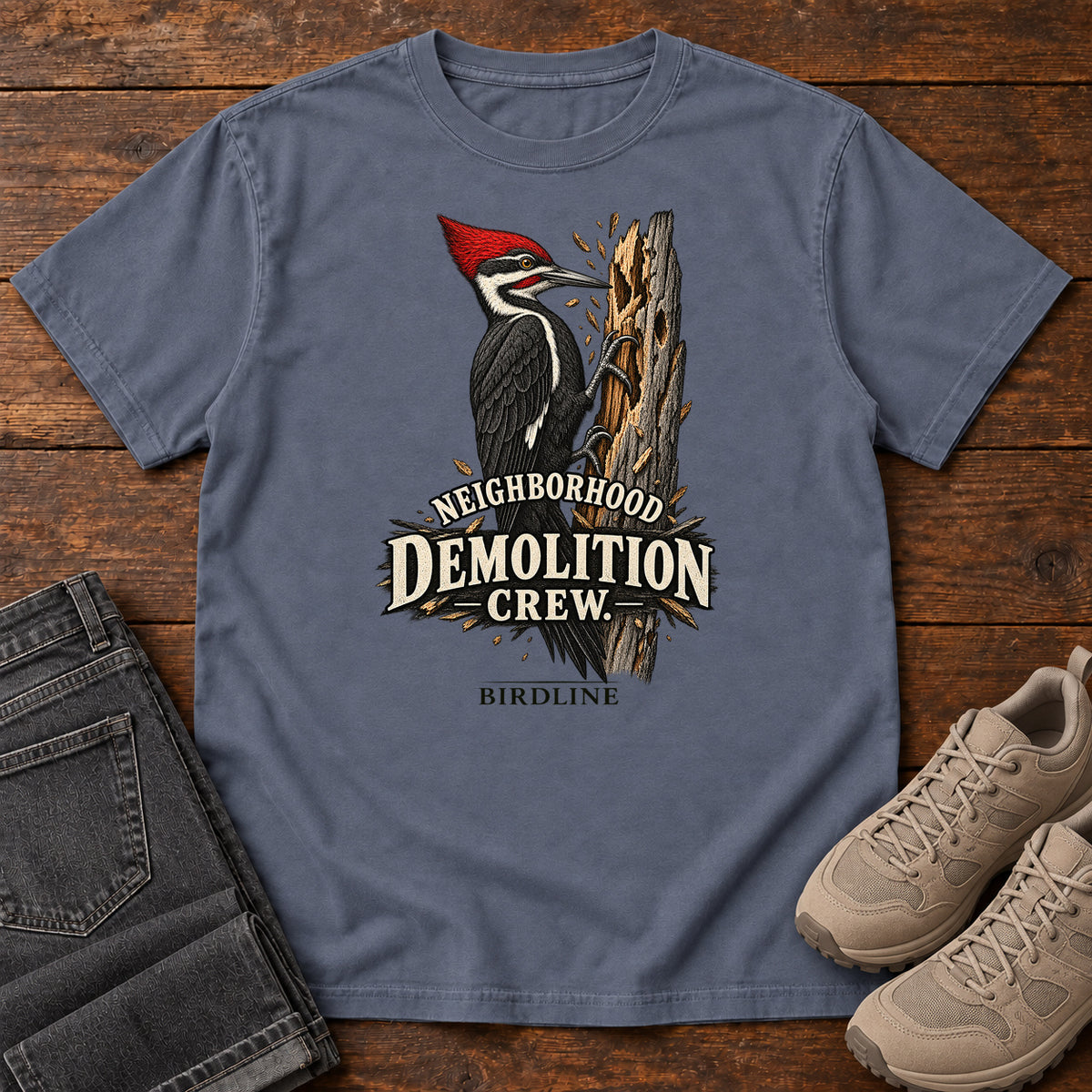 Neighborhood Demolition Crew Woodpecker T-Shirt in Denim