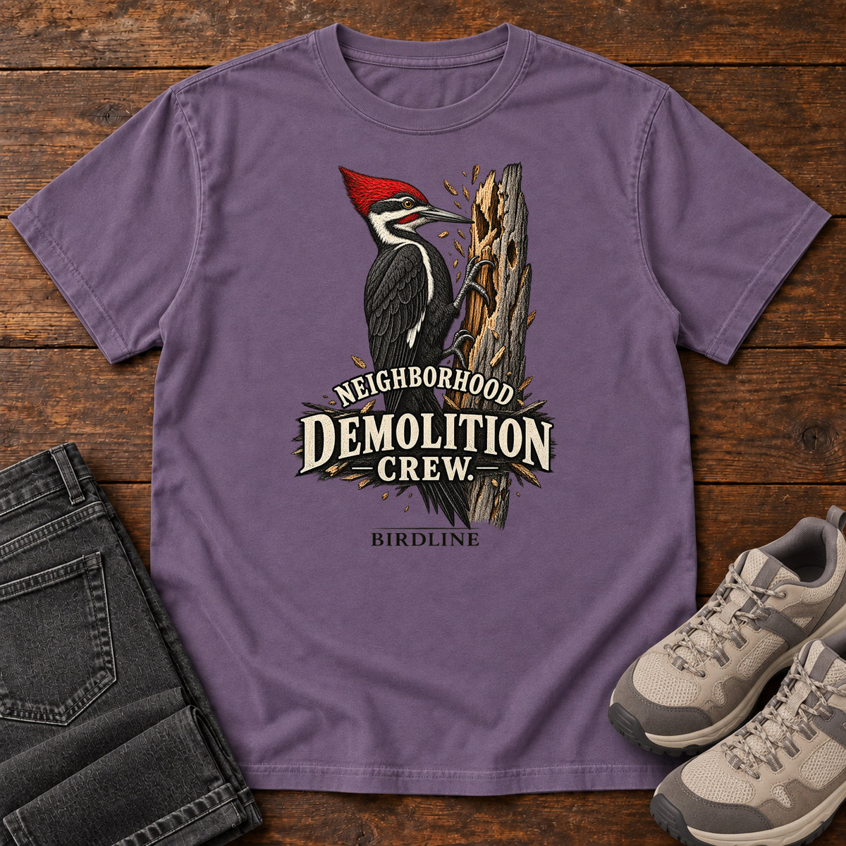 Neighborhood Demolition Crew Woodpecker T-Shirt in Grape