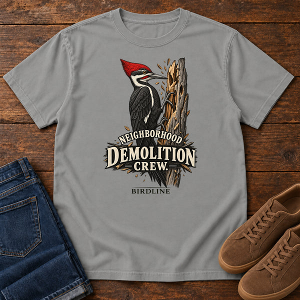 Neighborhood Demolition Crew Woodpecker T-Shirt in Grey, front view