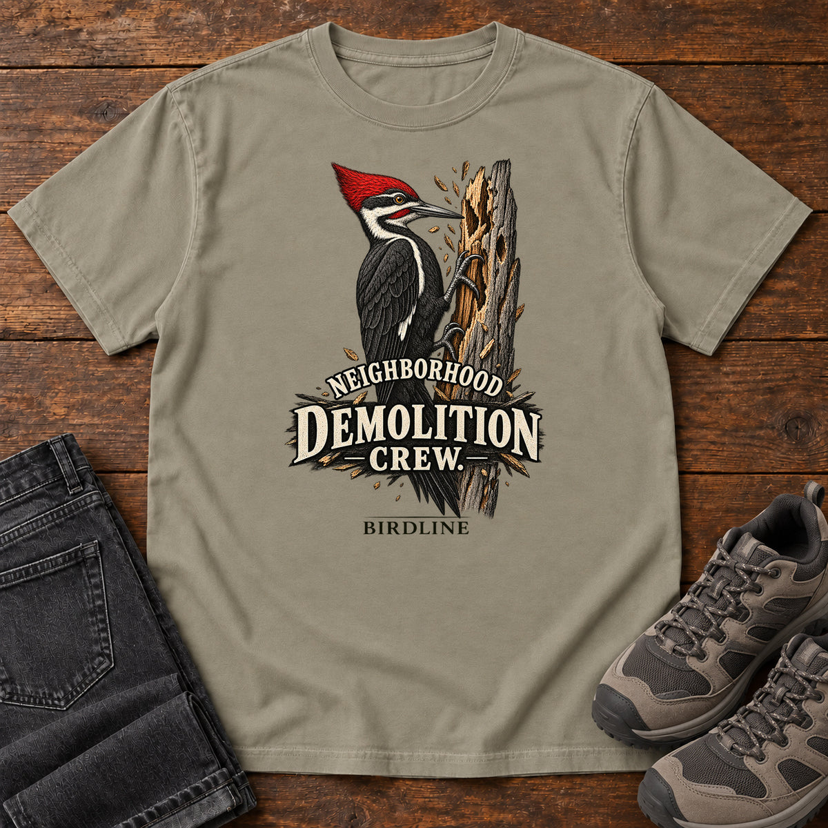 Neighborhood Demolition Crew Woodpecker T-Shirt in Sandstone