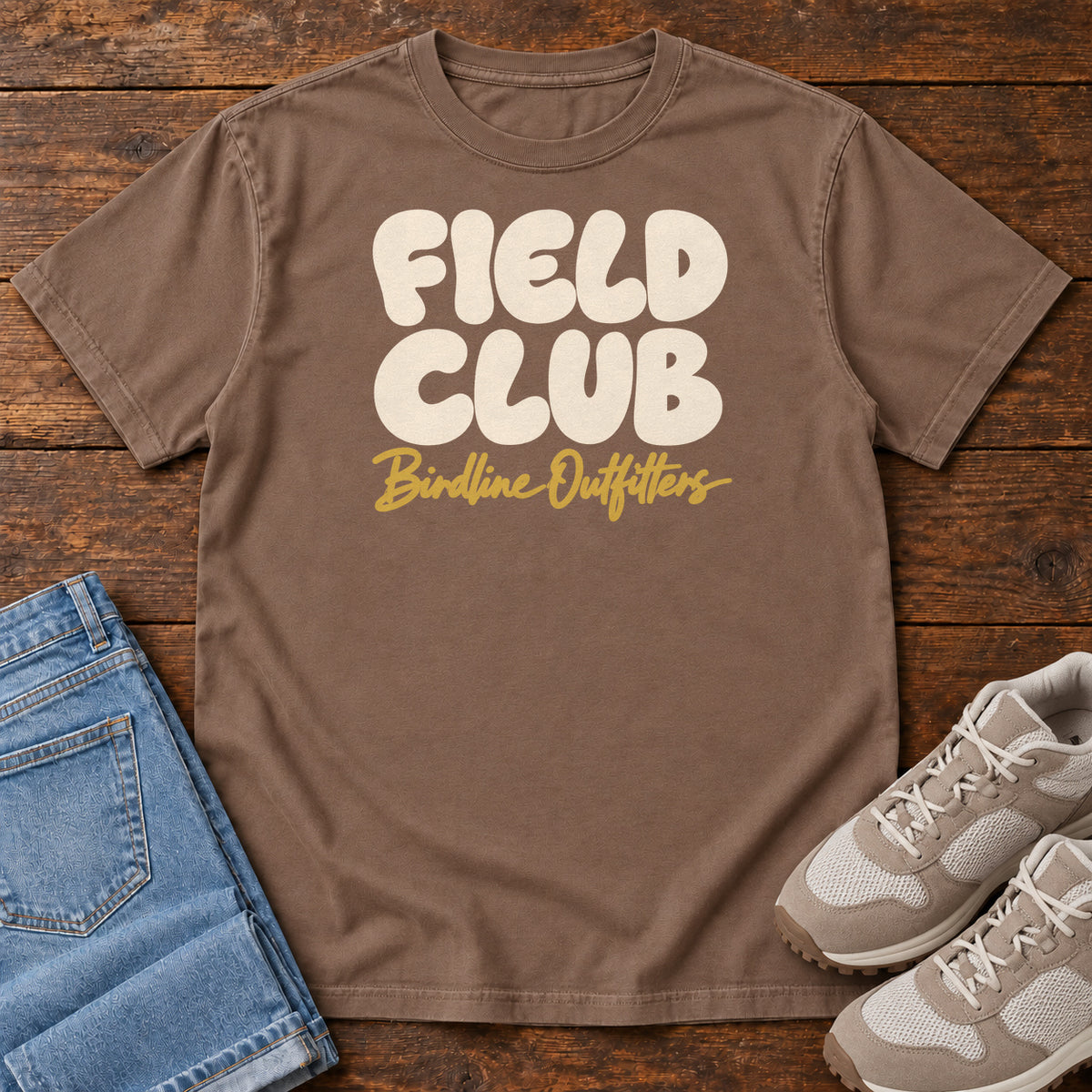 Espresso Field Club T-shirt with rounded cream Field Club lettering above gold Birdline Outfitters script, front flat lay on wood.