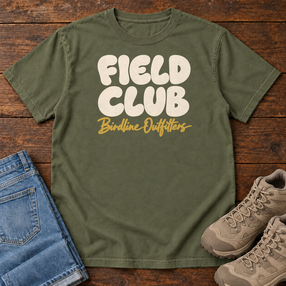Hemp Field Club T-shirt with rounded cream Field Club lettering above gold Birdline Outfitters script, front flat lay on wood.