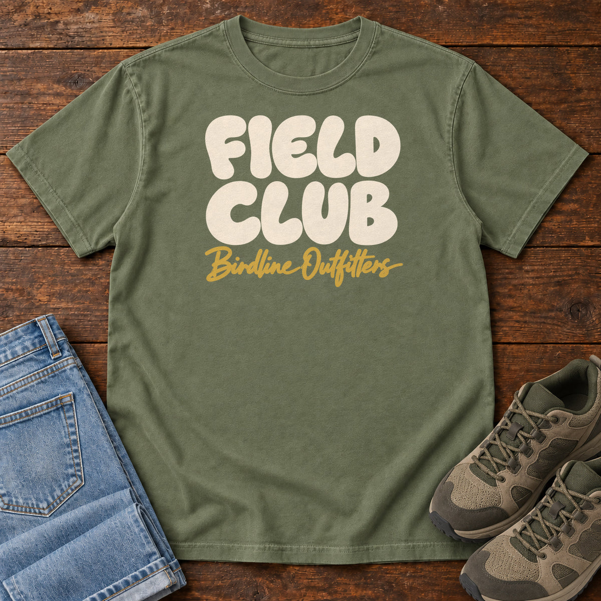 Moss Field Club T-shirt with rounded cream Field Club lettering above gold Birdline Outfitters script, front flat lay on wood.