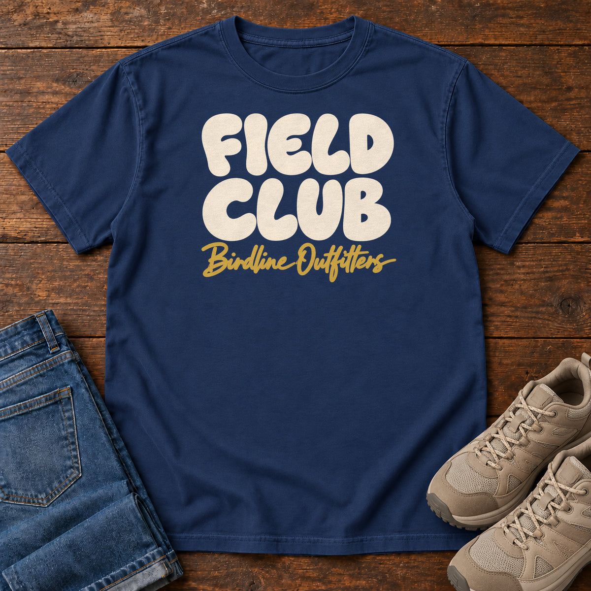 True Navy Field Club T-shirt with rounded cream Field Club lettering above gold Birdline Outfitters script, front flat lay on wood.
