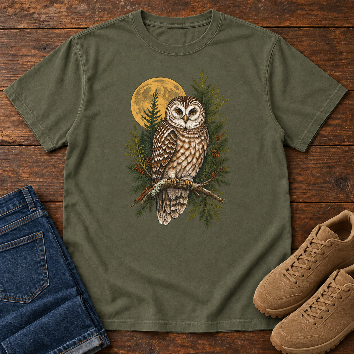 Woodland Owl Moon T-Shirt in Sage