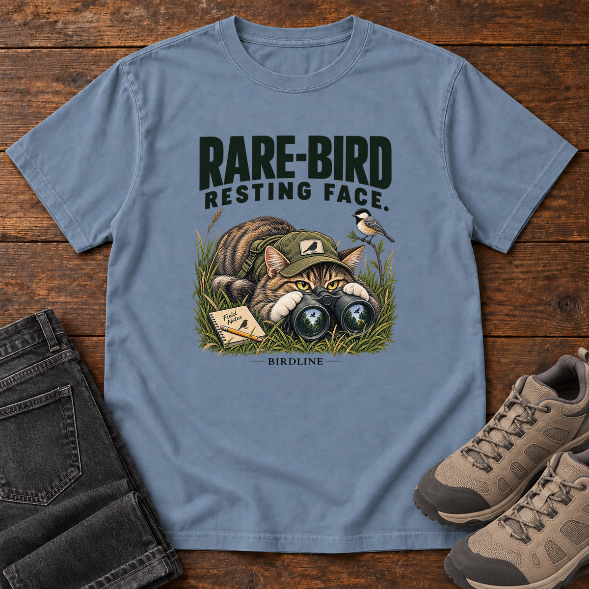 Rare Bird Resting Face Cat T-Shirt in Blue Jean