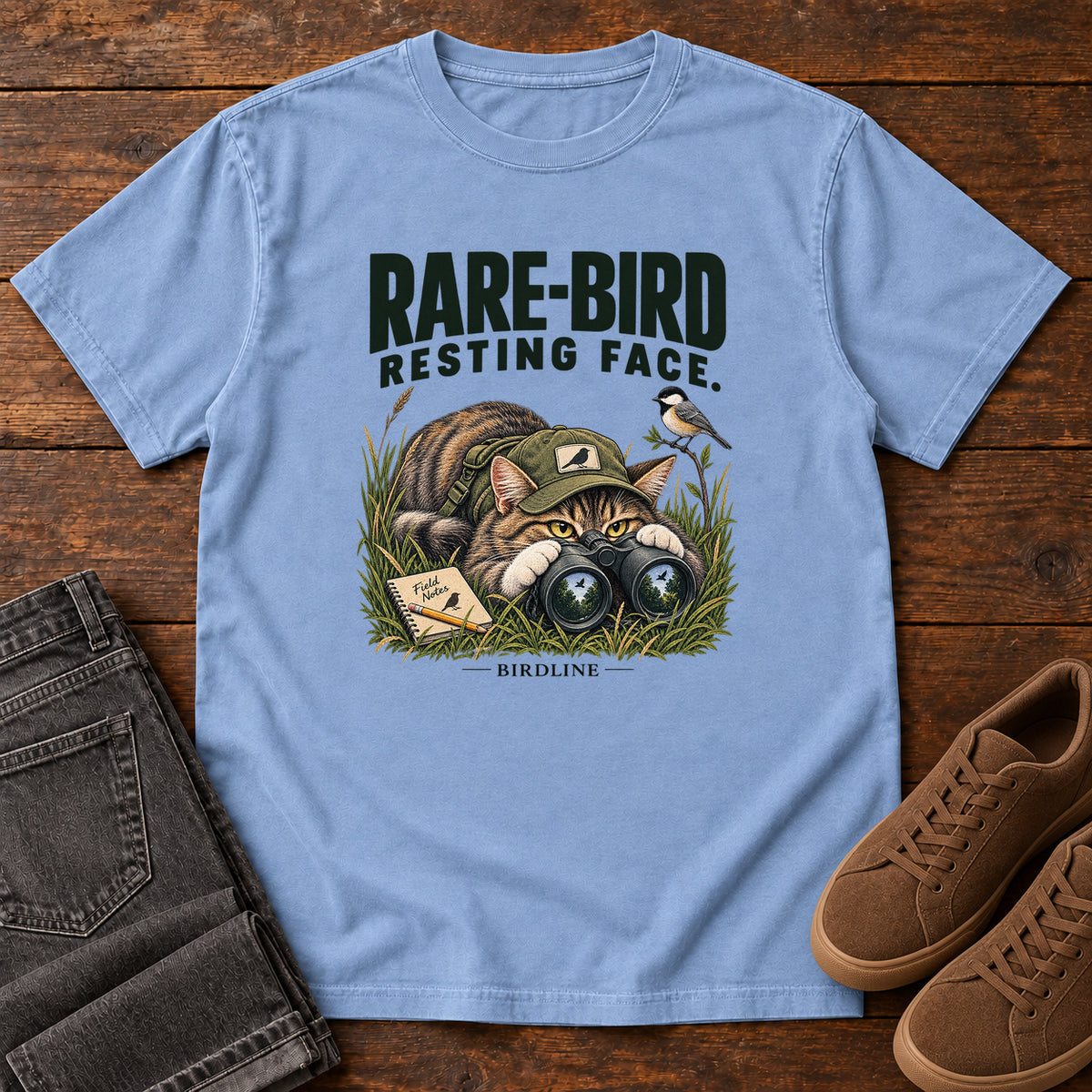 Rare Bird Resting Face Cat T-Shirt in Washed Denim
